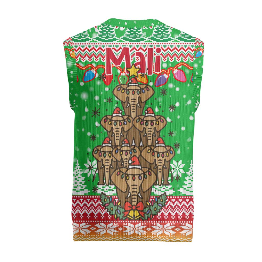 Mali Christmas Knitted V-Neck Vest with Cartoon Elephant Pyramid Snowflakes and Holiday Lights - Wonder Print Shop