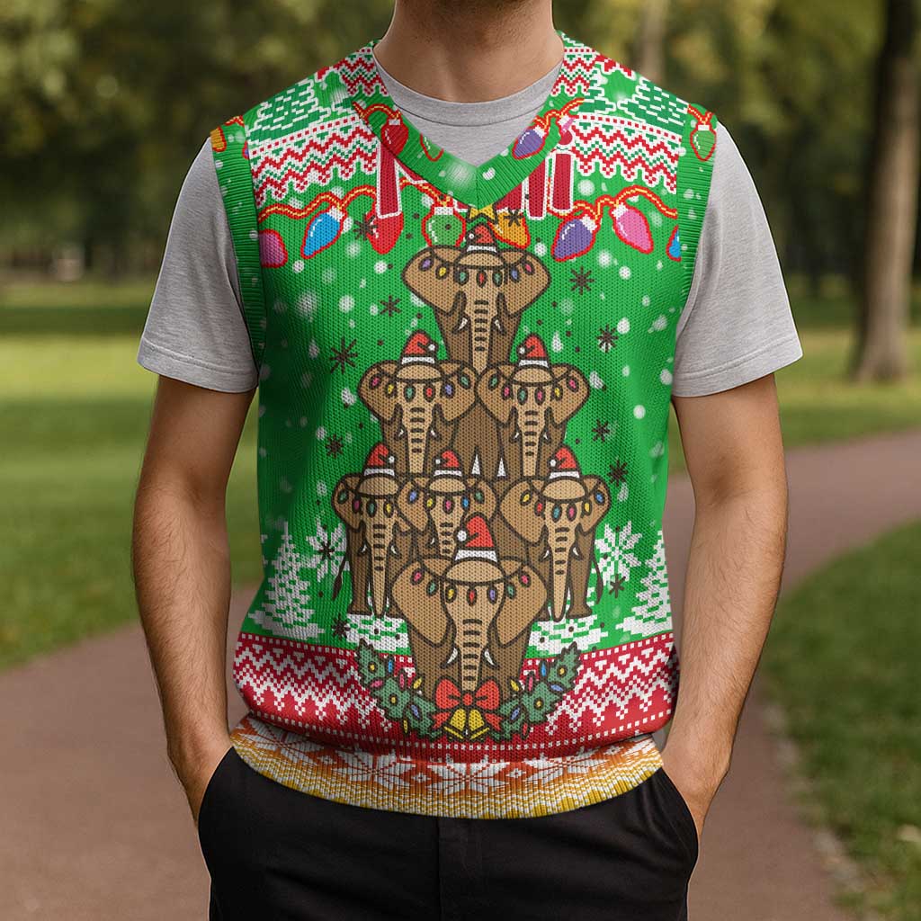 Mali Christmas Knitted V-Neck Vest with Cartoon Elephant Pyramid Snowflakes and Holiday Lights - Wonder Print Shop