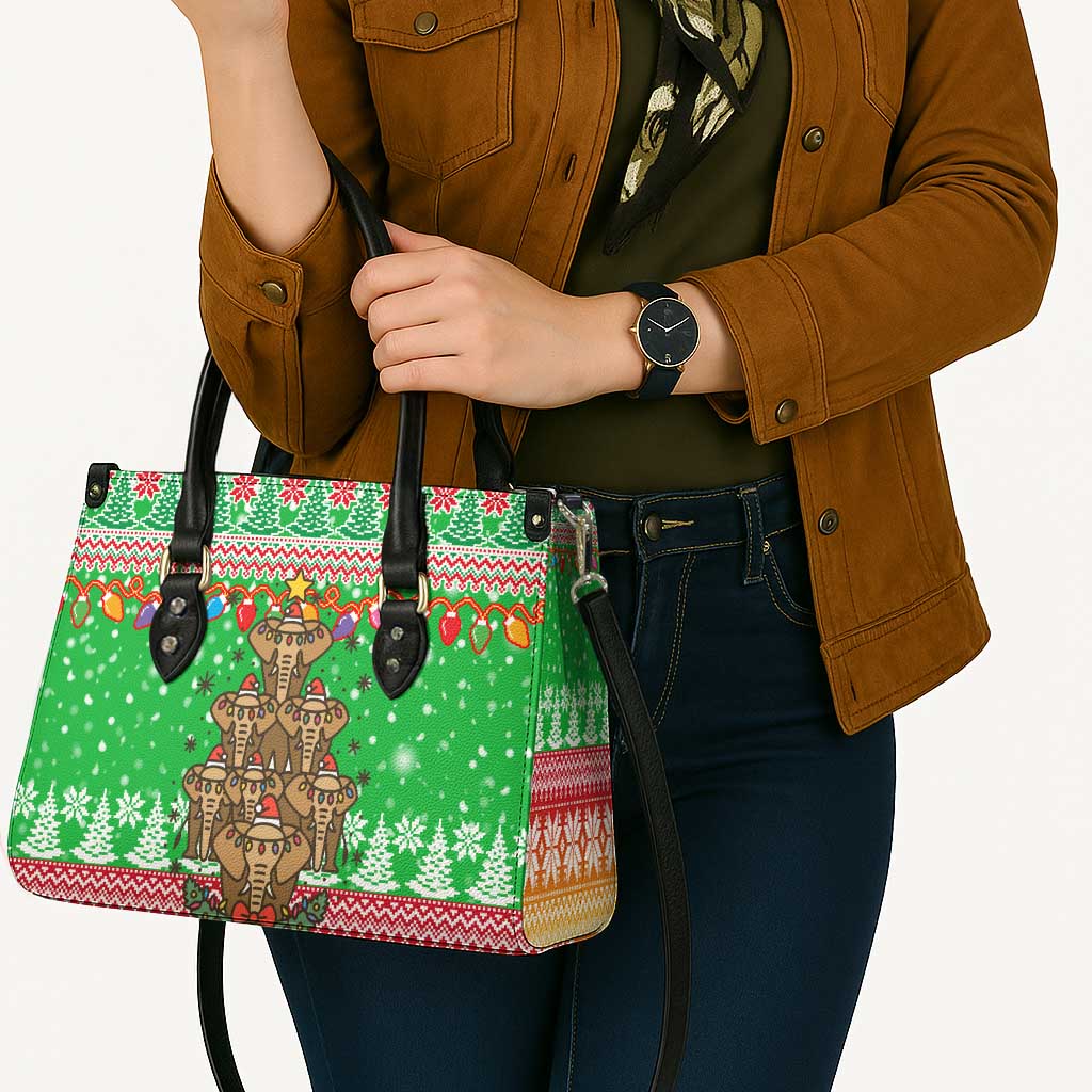 Mali Christmas Leather Bag with Cartoon Elephant Pyramid Snowflakes and Holiday Lights - Wonder Print Shop