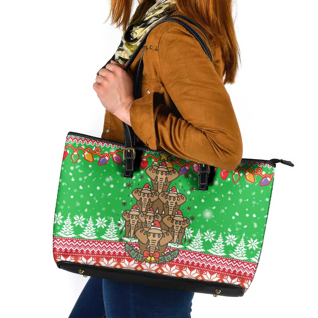 Mali Christmas Leather Tote Bag with Cartoon Elephant Pyramid Snowflakes and Holiday Lights - Wonder Print Shop