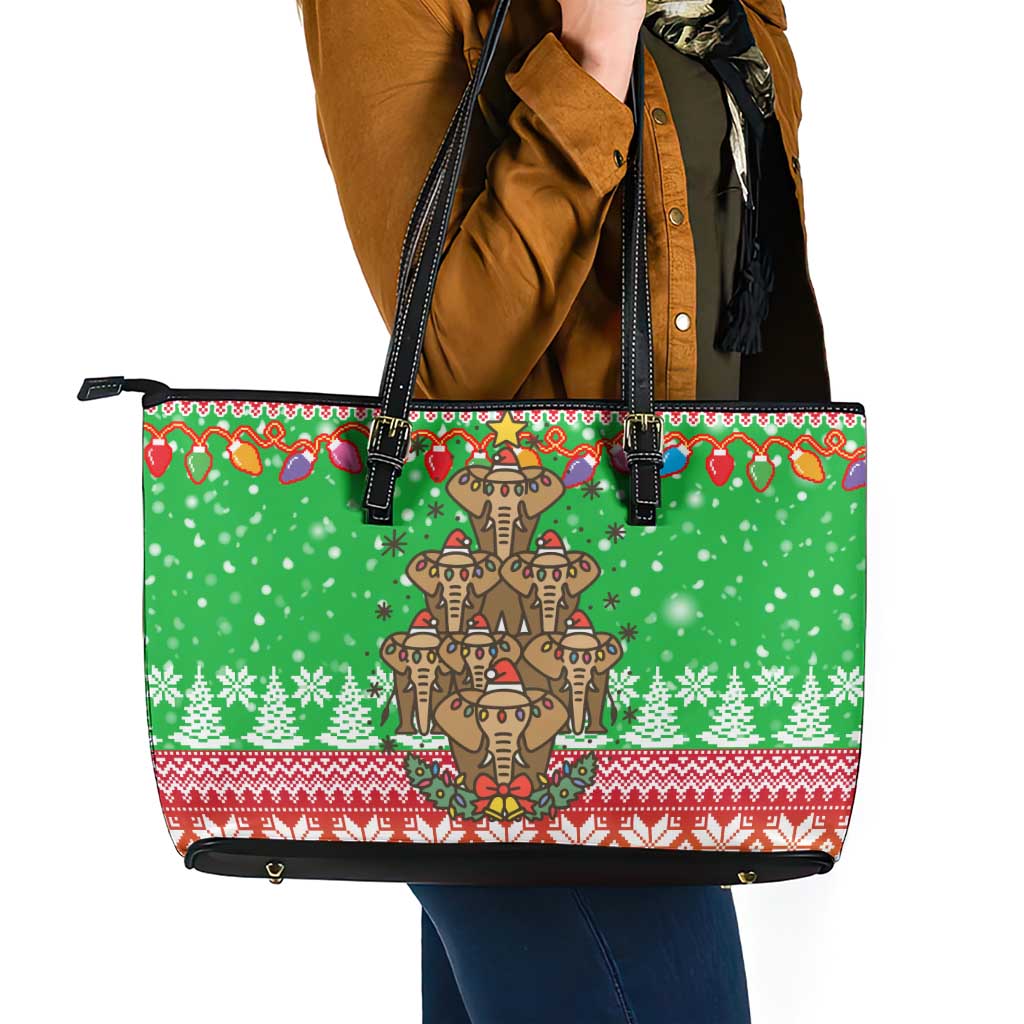 Mali Christmas Leather Tote Bag with Cartoon Elephant Pyramid Snowflakes and Holiday Lights - Wonder Print Shop
