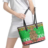 Mali Christmas Leather Tote Bag with Cartoon Elephant Pyramid Snowflakes and Holiday Lights - Wonder Print Shop