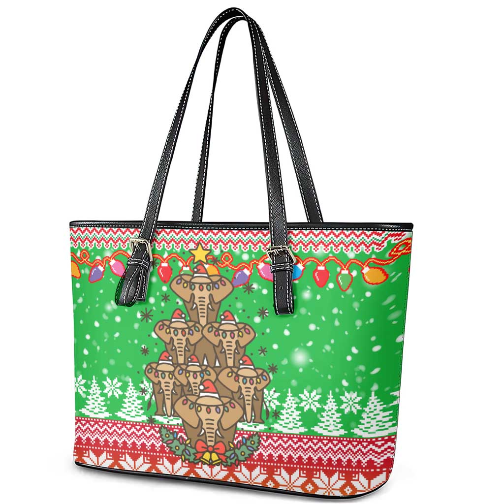 Mali Christmas Leather Tote Bag with Cartoon Elephant Pyramid Snowflakes and Holiday Lights - Wonder Print Shop