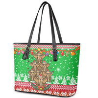 Mali Christmas Leather Tote Bag with Cartoon Elephant Pyramid Snowflakes and Holiday Lights - Wonder Print Shop