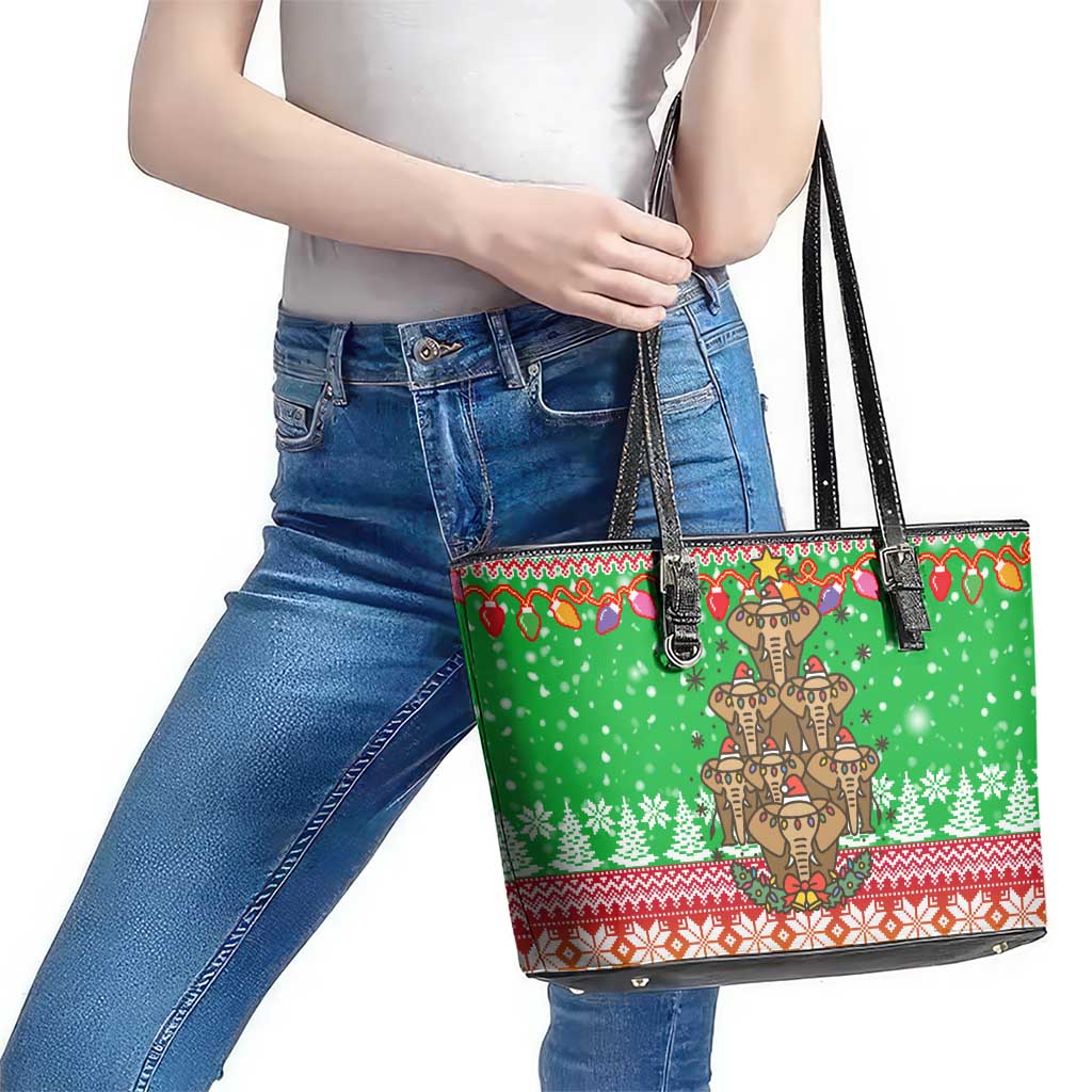 Mali Christmas Leather Tote Bag with Cartoon Elephant Pyramid Snowflakes and Holiday Lights - Wonder Print Shop