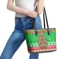 Mali Christmas Leather Tote Bag with Cartoon Elephant Pyramid Snowflakes and Holiday Lights - Wonder Print Shop