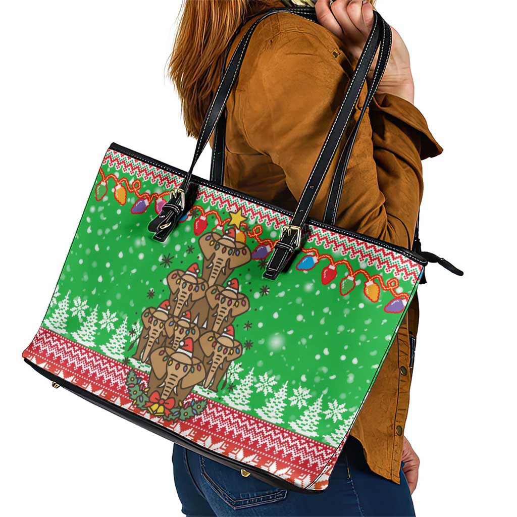Mali Christmas Leather Tote Bag with Cartoon Elephant Pyramid Snowflakes and Holiday Lights - Wonder Print Shop