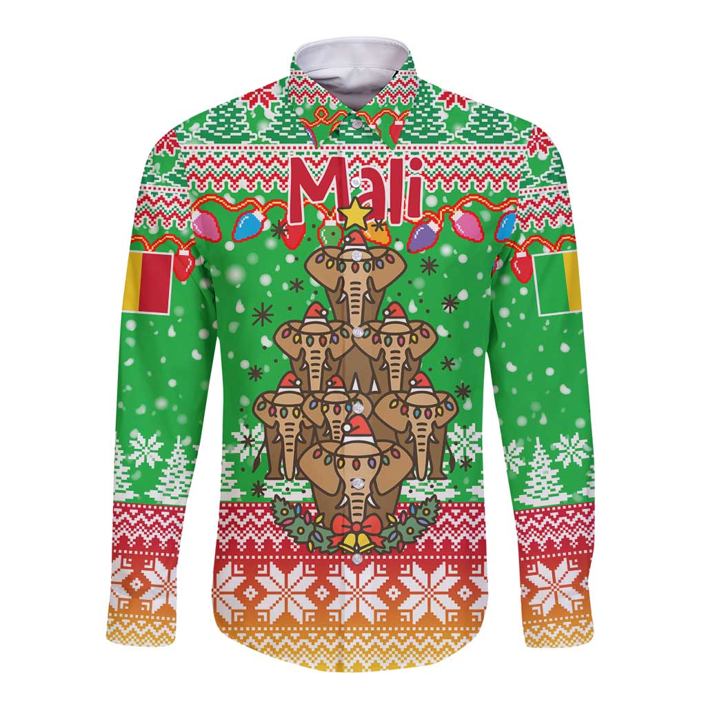 Mali Christmas Long Sleeve Button Shirt with Cartoon Elephant Pyramid Snowflakes and Holiday Lights - Wonder Print Shop