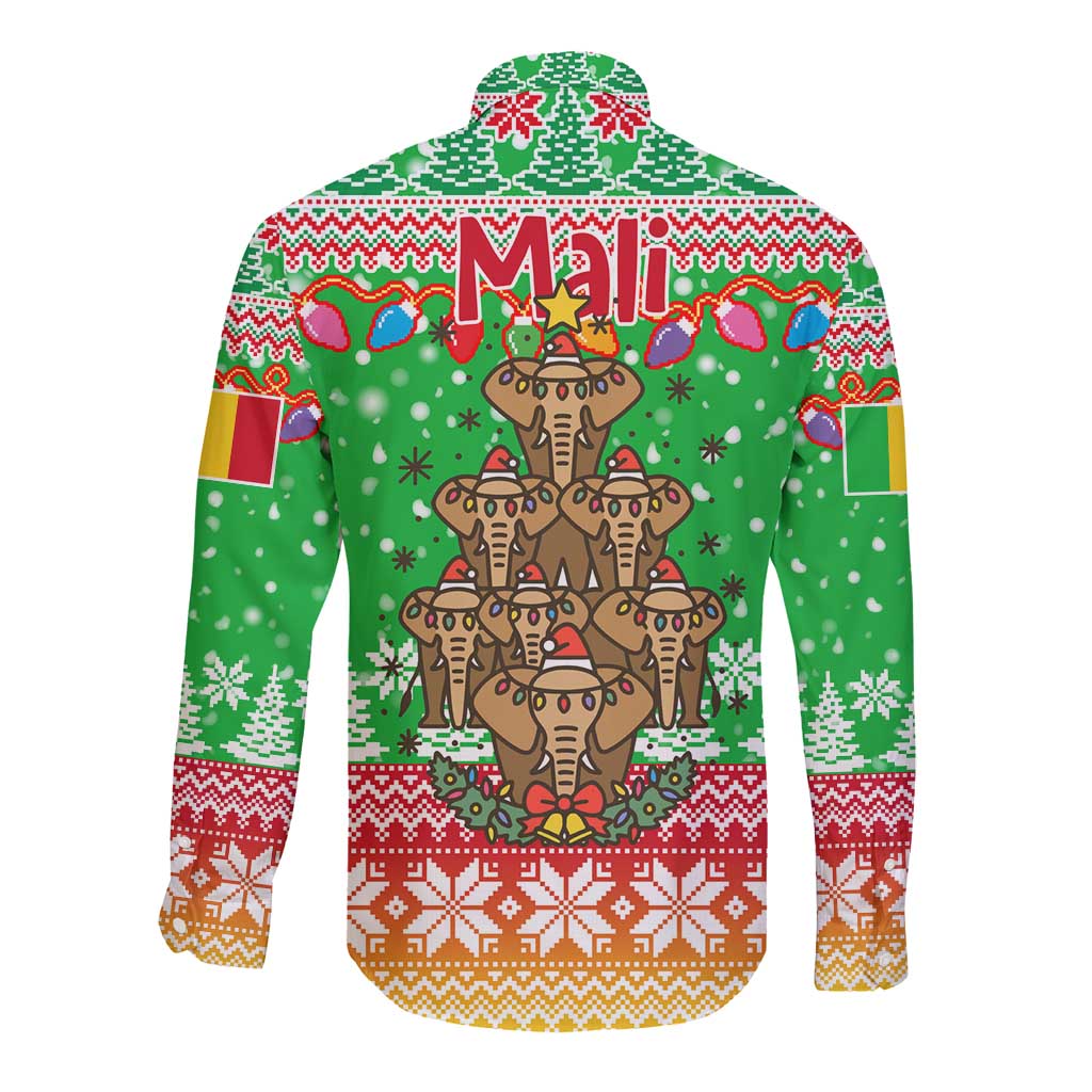 Mali Christmas Long Sleeve Button Shirt with Cartoon Elephant Pyramid Snowflakes and Holiday Lights - Wonder Print Shop