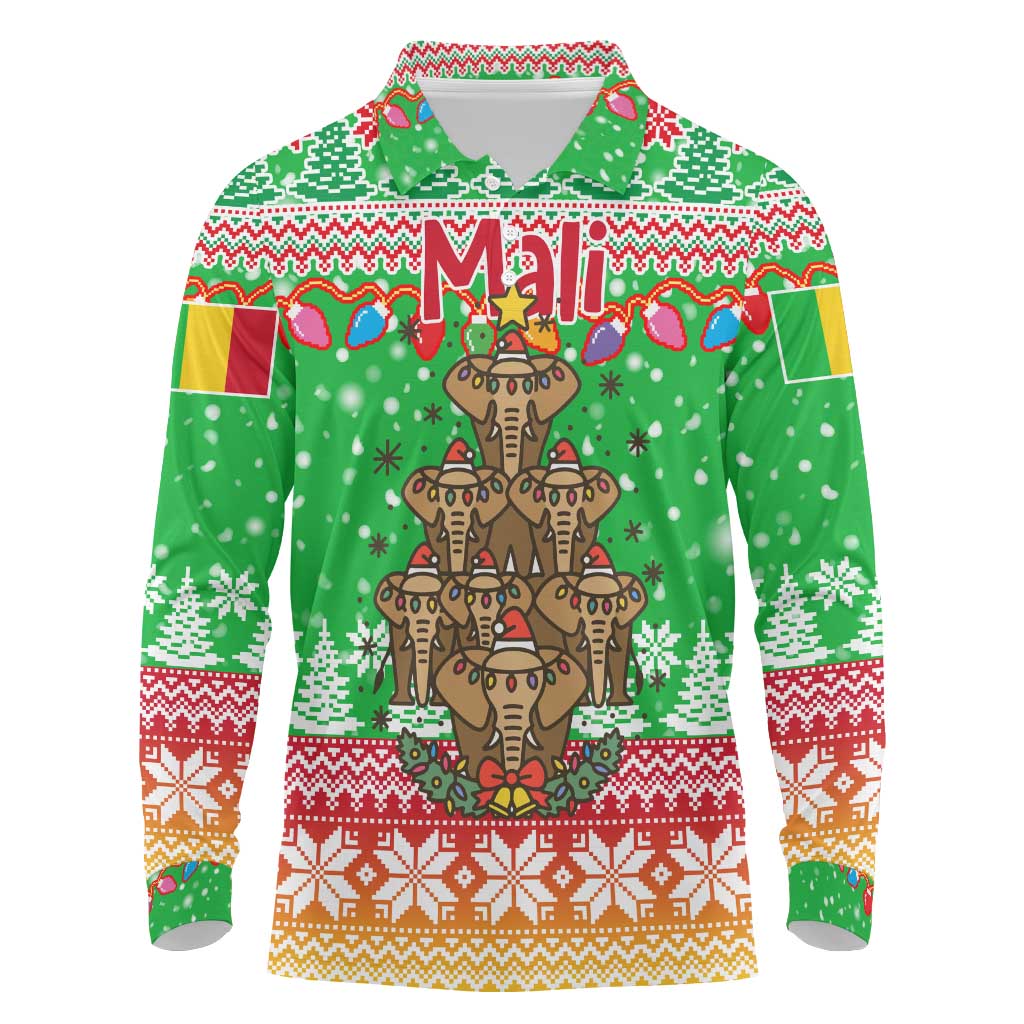Mali Christmas Long Sleeve Polo Shirt with Cartoon Elephant Pyramid Snowflakes and Holiday Lights - Wonder Print Shop