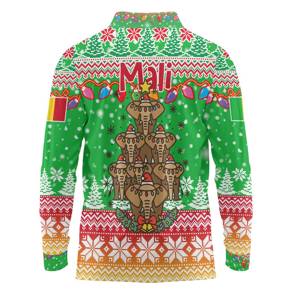 Mali Christmas Long Sleeve Polo Shirt with Cartoon Elephant Pyramid Snowflakes and Holiday Lights - Wonder Print Shop