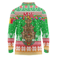 Mali Christmas Long Sleeve Polo Shirt with Cartoon Elephant Pyramid Snowflakes and Holiday Lights - Wonder Print Shop