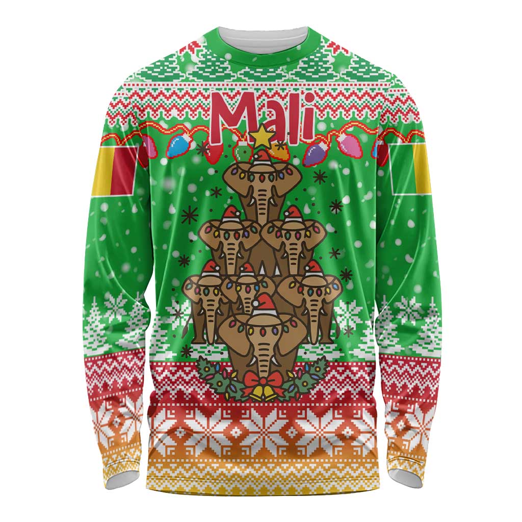 Mali Christmas Long Sleeve Shirt with Cartoon Elephant Pyramid Snowflakes and Holiday Lights - Wonder Print Shop
