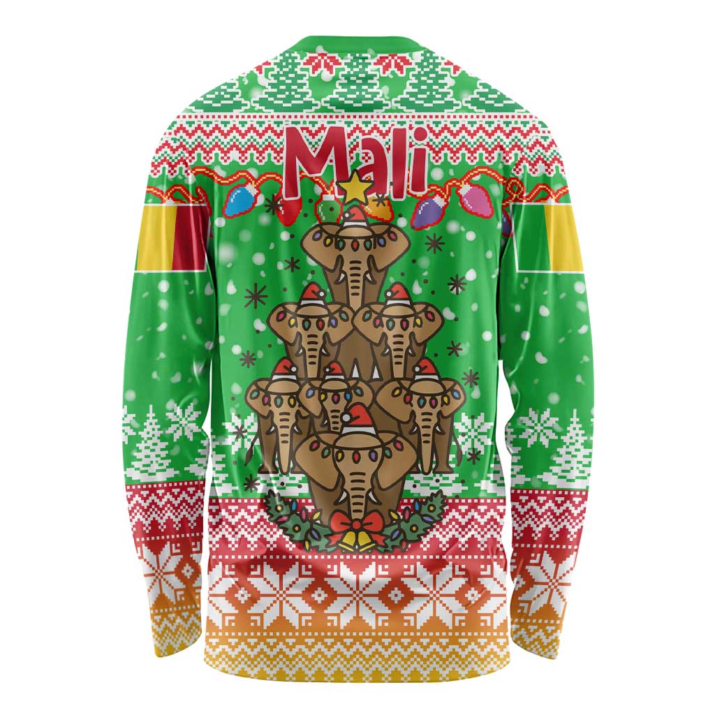 Mali Christmas Long Sleeve Shirt with Cartoon Elephant Pyramid Snowflakes and Holiday Lights - Wonder Print Shop