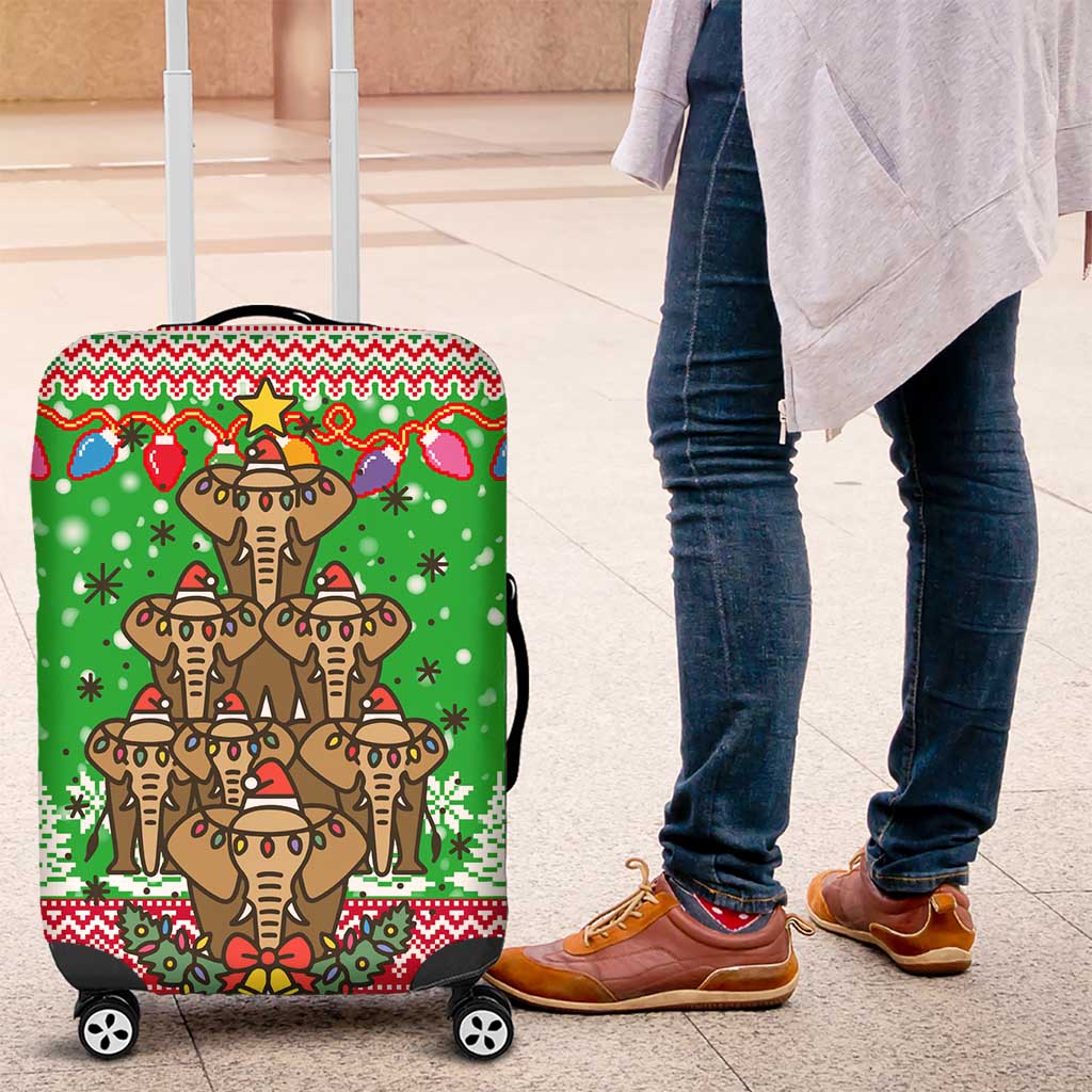 Mali Christmas Luggage Cover with Cartoon Elephant Pyramid Snowflakes and Holiday Lights - Wonder Print Shop