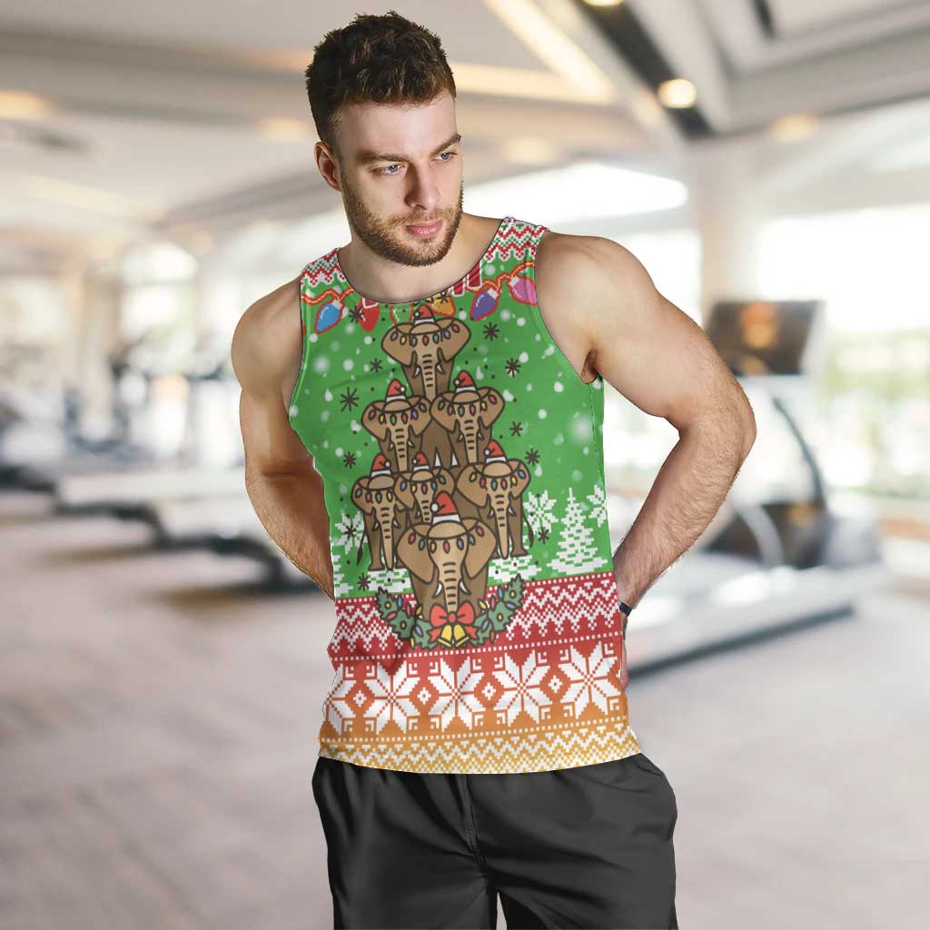 Mali Christmas Men Tank Top with Cartoon Elephant Pyramid Snowflakes and Holiday Lights - Wonder Print Shop