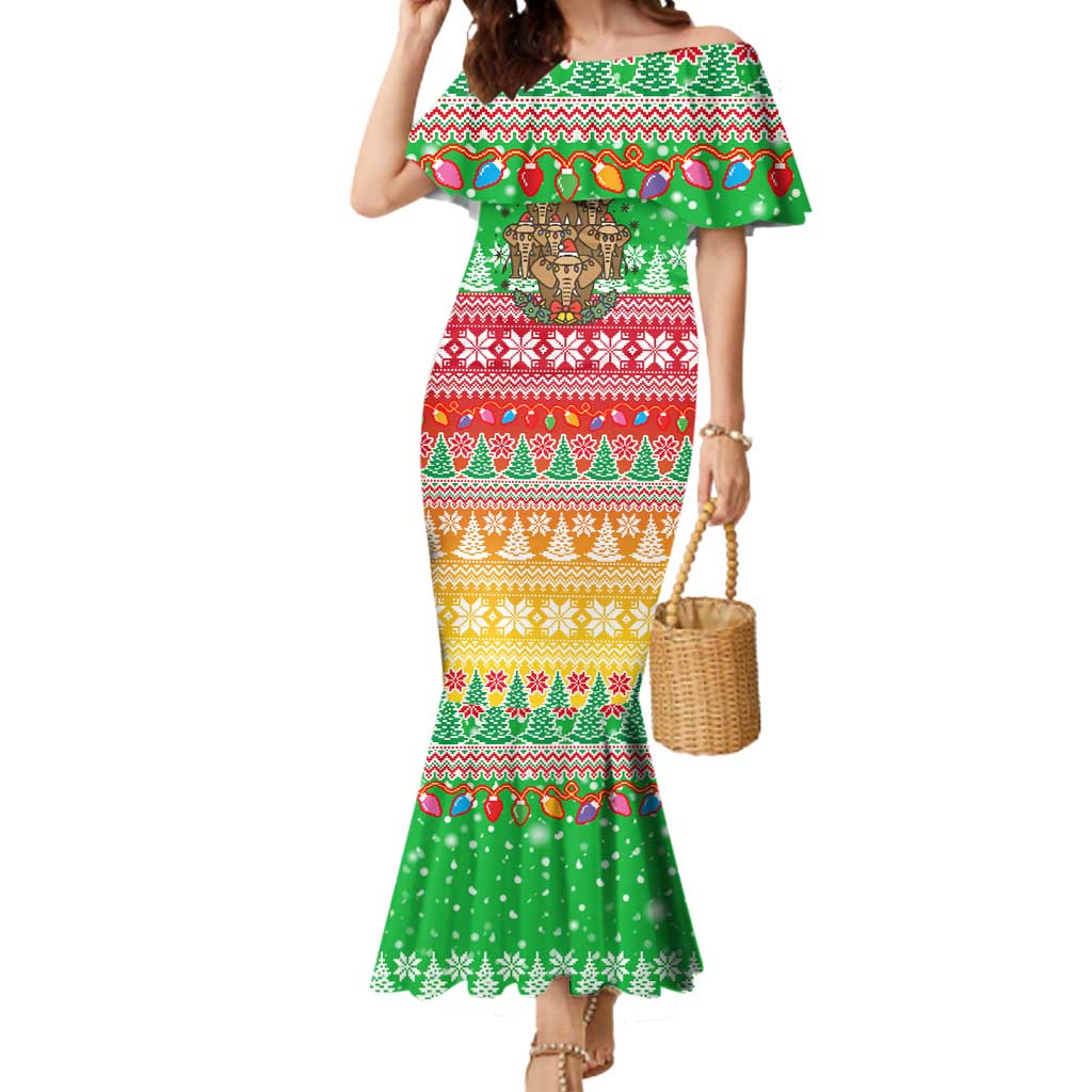 Mali Christmas Mermaid Dress with Cartoon Elephant Pyramid Snowflakes and Holiday Lights - Wonder Print Shop