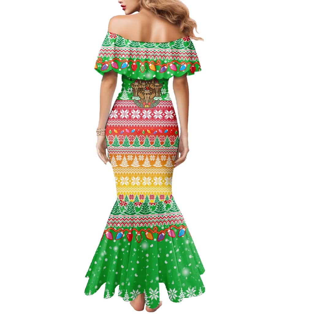 Mali Christmas Mermaid Dress with Cartoon Elephant Pyramid Snowflakes and Holiday Lights - Wonder Print Shop