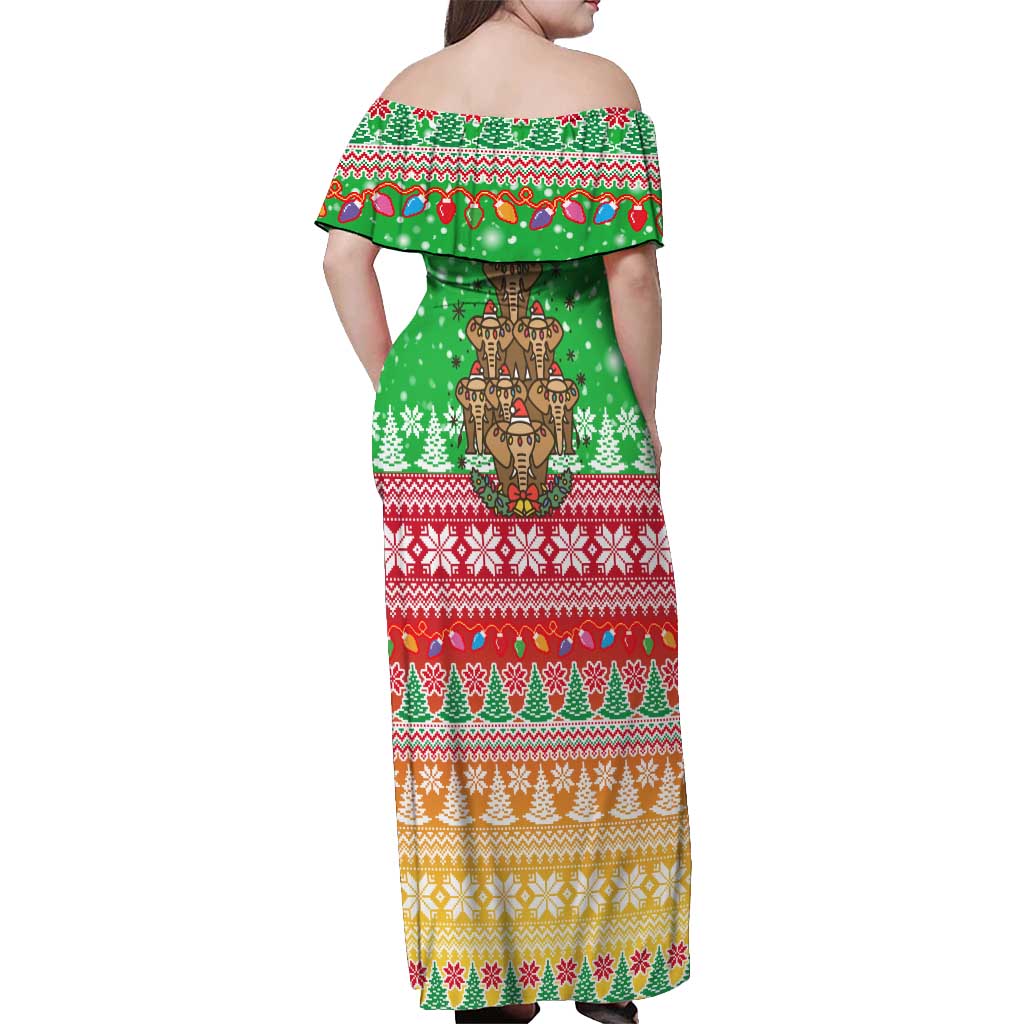 Mali Christmas Off Shoulder Maxi Dress with Cartoon Elephant Pyramid Snowflakes and Holiday Lights - Wonder Print Shop