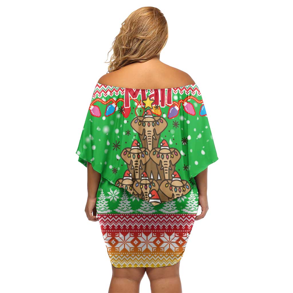 Mali Christmas Off Shoulder Short Dress with Cartoon Elephant Pyramid Snowflakes and Holiday Lights - Wonder Print Shop