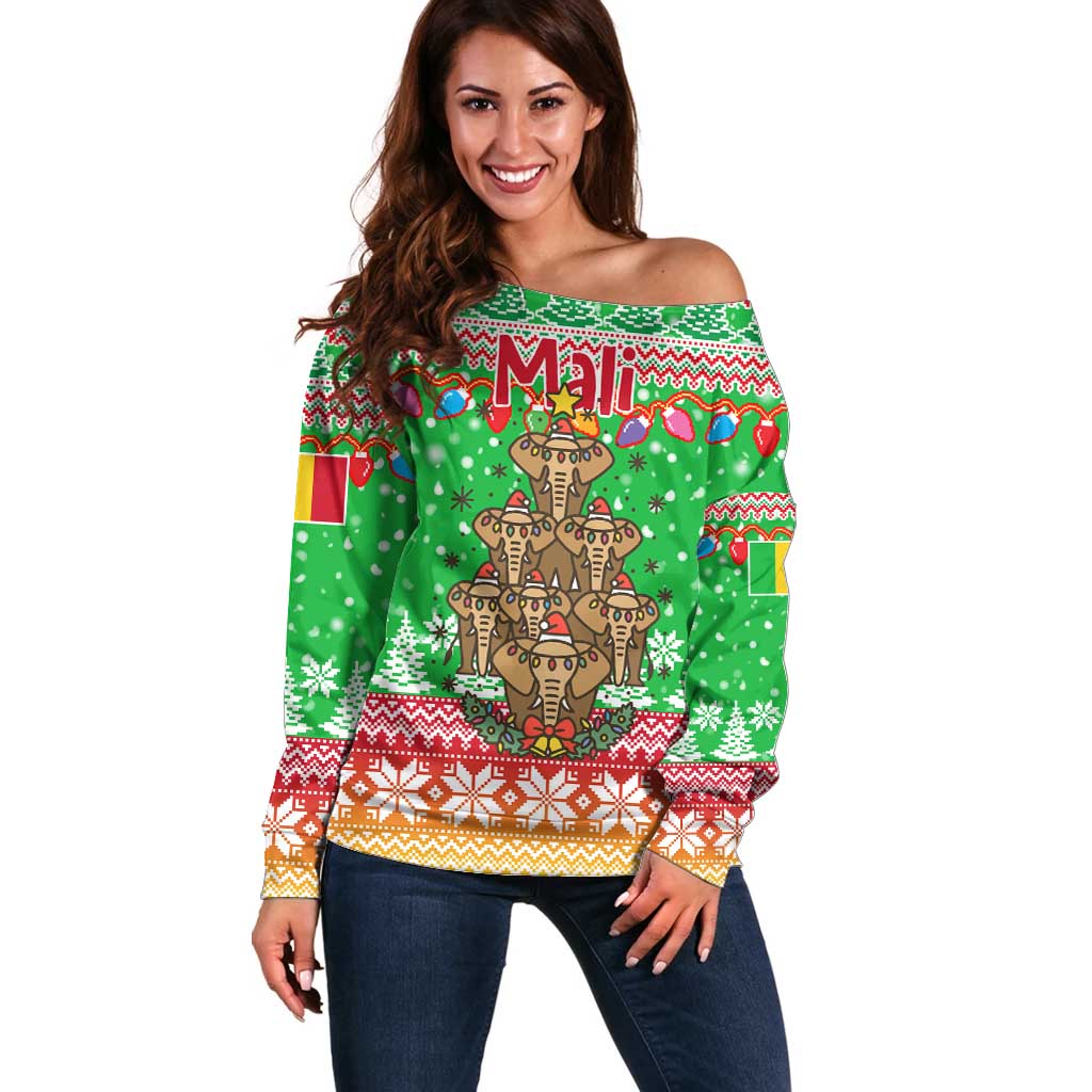 Mali Christmas Off Shoulder Sweater with Cartoon Elephant Pyramid Snowflakes and Holiday Lights - Wonder Print Shop