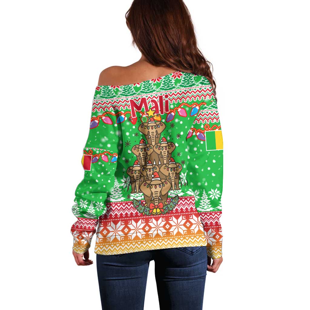 Mali Christmas Off Shoulder Sweater with Cartoon Elephant Pyramid Snowflakes and Holiday Lights - Wonder Print Shop