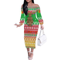 Mali Christmas Off The Shoulder Long Sleeve Dress with Cartoon Elephant Pyramid Snowflakes and Holiday Lights - Wonder Print Shop