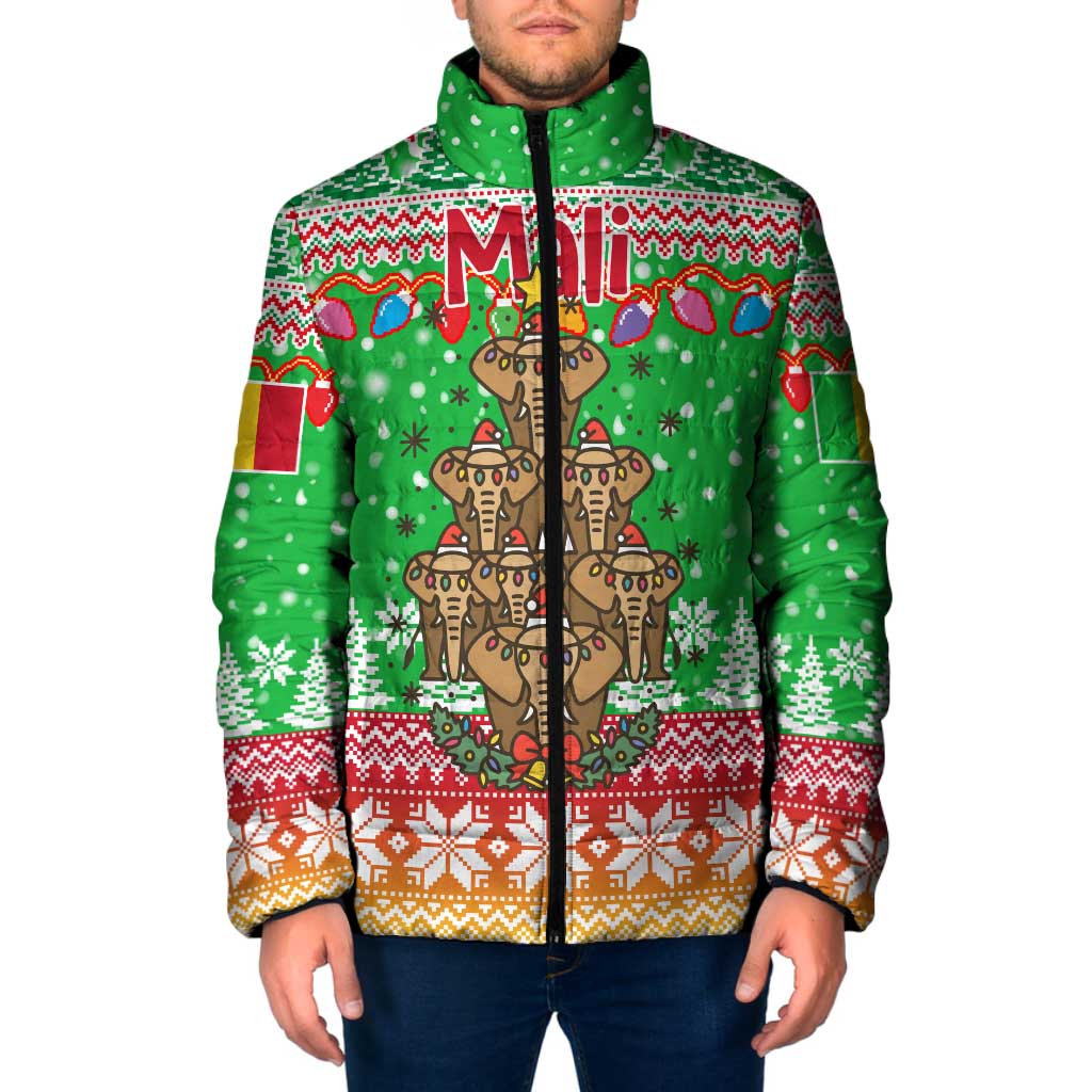 Mali Christmas Padded Jacket with Cartoon Elephant Pyramid Snowflakes and Holiday Lights - Wonder Print Shop