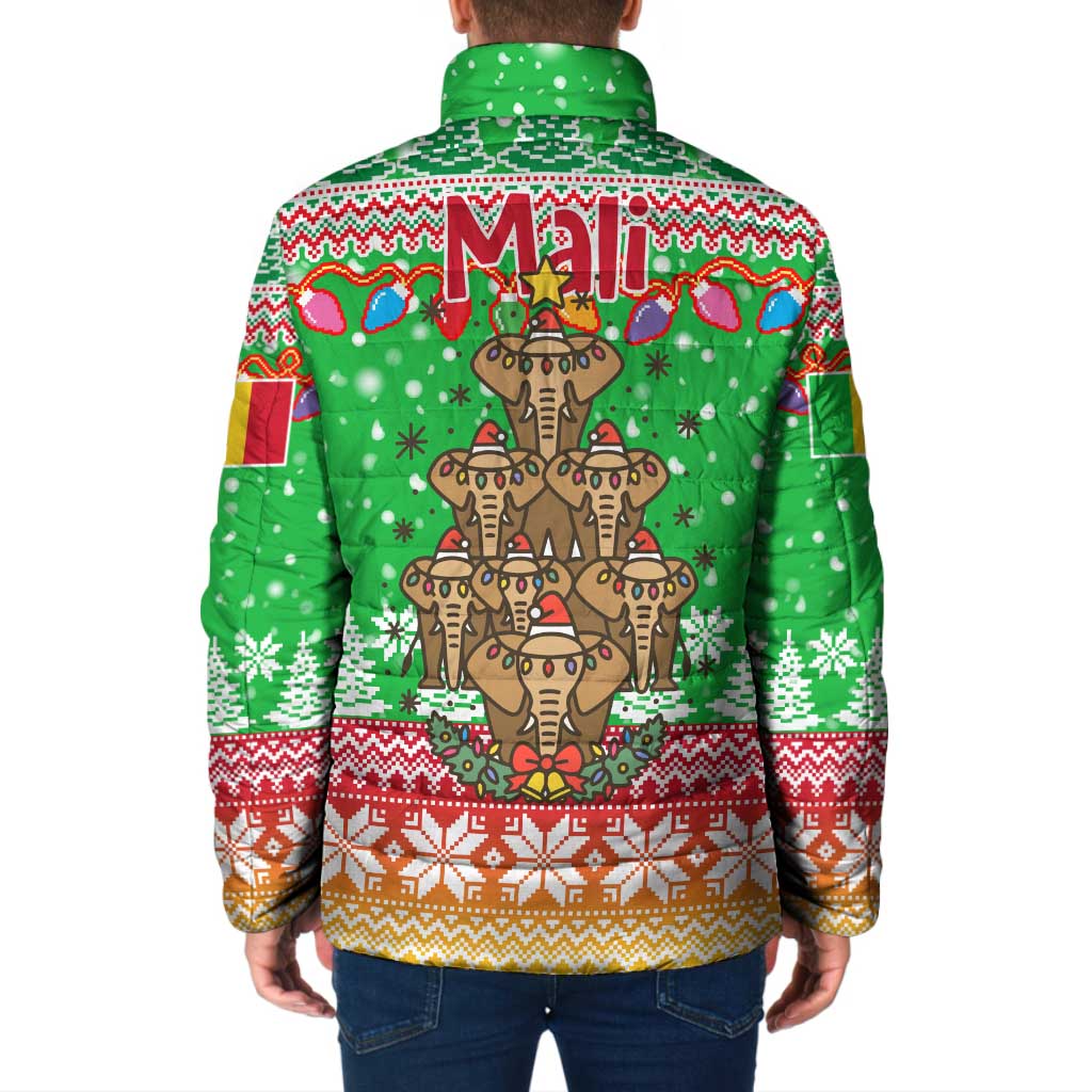 Mali Christmas Padded Jacket with Cartoon Elephant Pyramid Snowflakes and Holiday Lights - Wonder Print Shop
