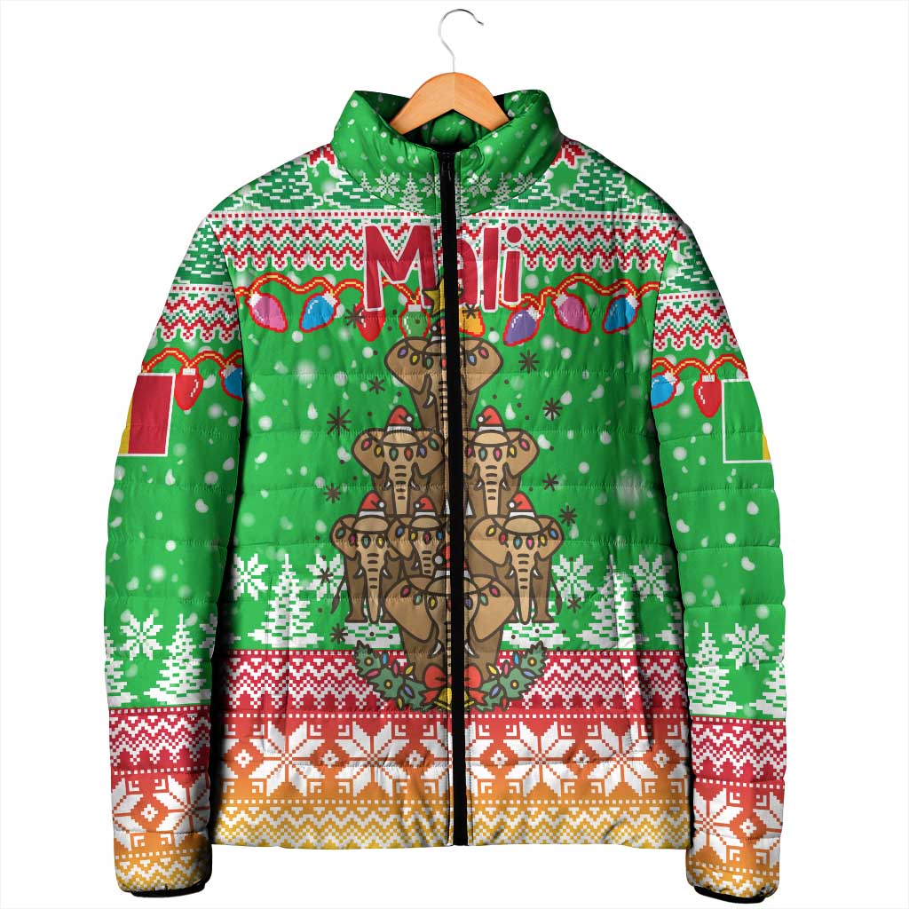 Mali Christmas Padded Jacket with Cartoon Elephant Pyramid Snowflakes and Holiday Lights - Wonder Print Shop