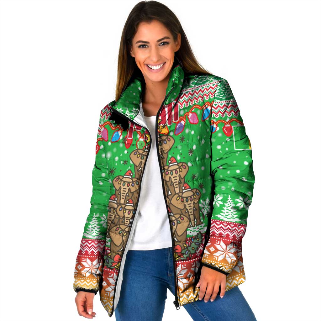 Mali Christmas Padded Jacket with Cartoon Elephant Pyramid Snowflakes and Holiday Lights - Wonder Print Shop