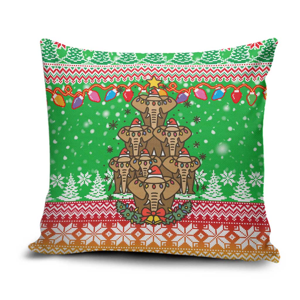 Mali Christmas Pillow Cover with Cartoon Elephant Pyramid Snowflakes and Holiday Lights - Wonder Print Shop