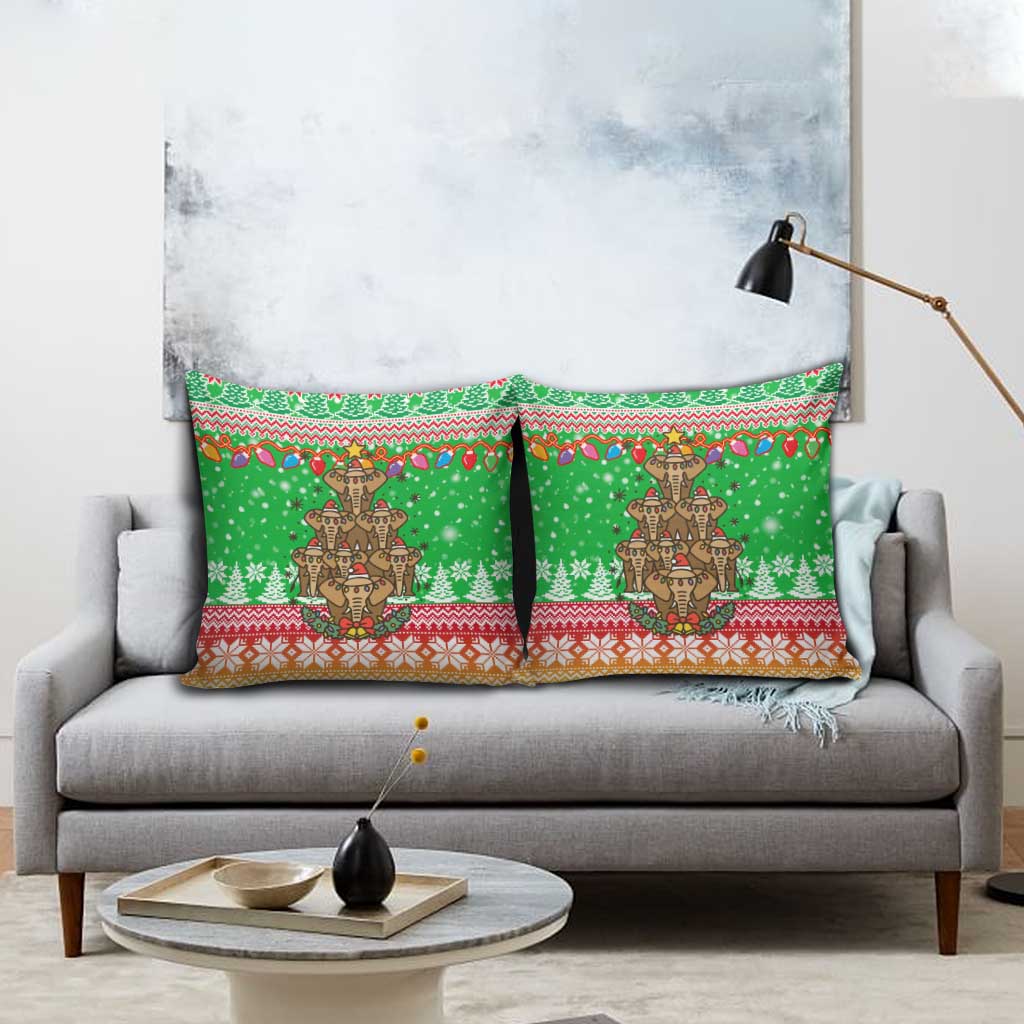 Mali Christmas Pillow Cover with Cartoon Elephant Pyramid Snowflakes and Holiday Lights - Wonder Print Shop
