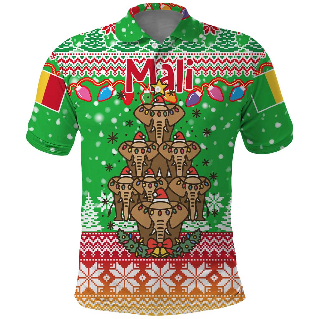Mali Christmas Polo Shirt with Cartoon Elephant Pyramid Snowflakes and Holiday Lights - Wonder Print Shop