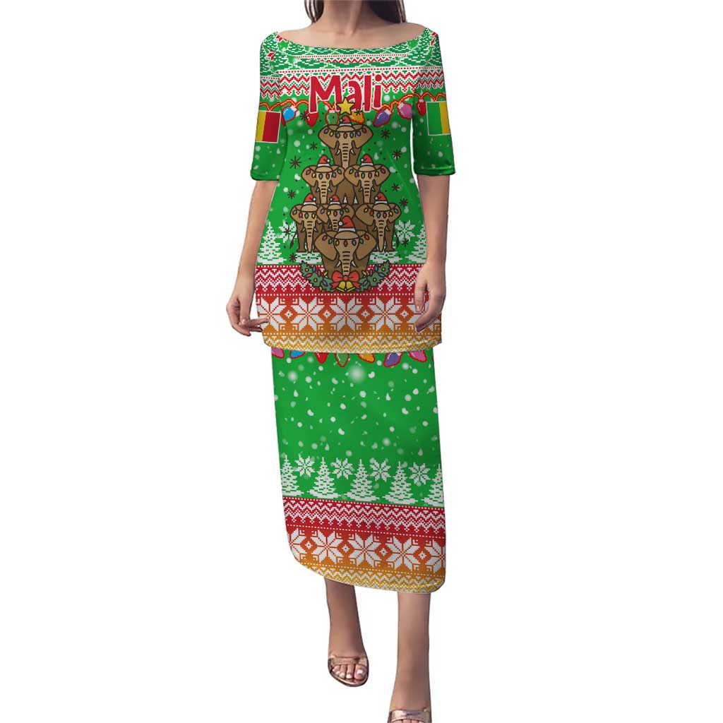 Mali Christmas Puletasi with Cartoon Elephant Pyramid Snowflakes and Holiday Lights - Wonder Print Shop