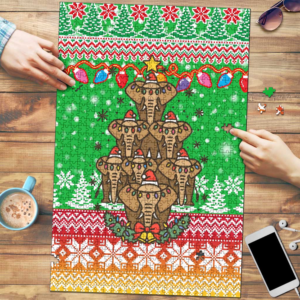 Mali Christmas Puzzle with Cartoon Elephant Pyramid Snowflakes and Holiday Lights - Wonder Print Shop
