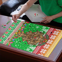 Mali Christmas Puzzle with Cartoon Elephant Pyramid Snowflakes and Holiday Lights - Wonder Print Shop