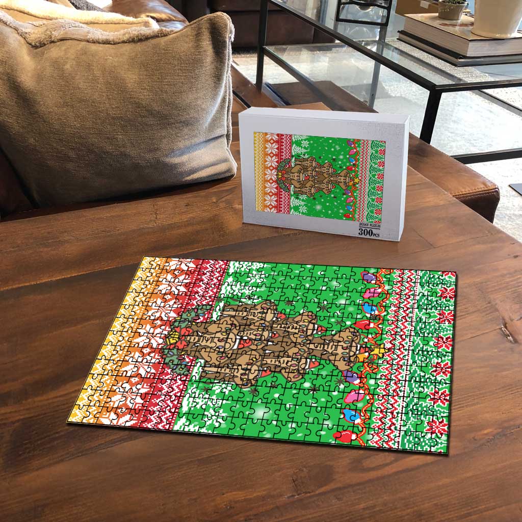 Mali Christmas Puzzle with Cartoon Elephant Pyramid Snowflakes and Holiday Lights - Wonder Print Shop