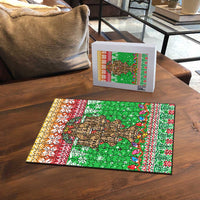 Mali Christmas Puzzle with Cartoon Elephant Pyramid Snowflakes and Holiday Lights - Wonder Print Shop