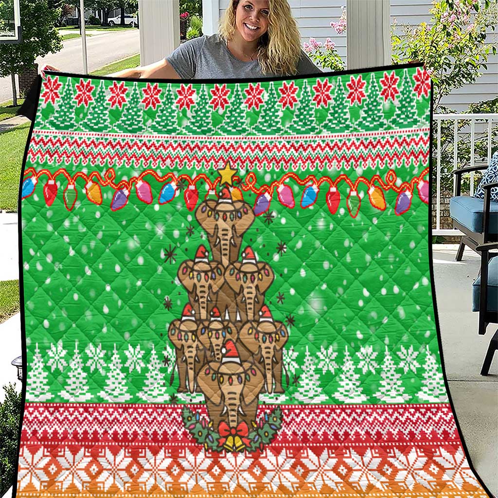 Mali Christmas Quilt with Cartoon Elephant Pyramid Snowflakes and Holiday Lights - Wonder Print Shop