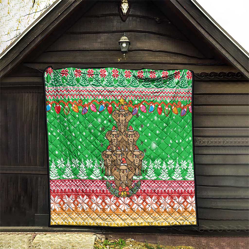 Mali Christmas Quilt with Cartoon Elephant Pyramid Snowflakes and Holiday Lights - Wonder Print Shop