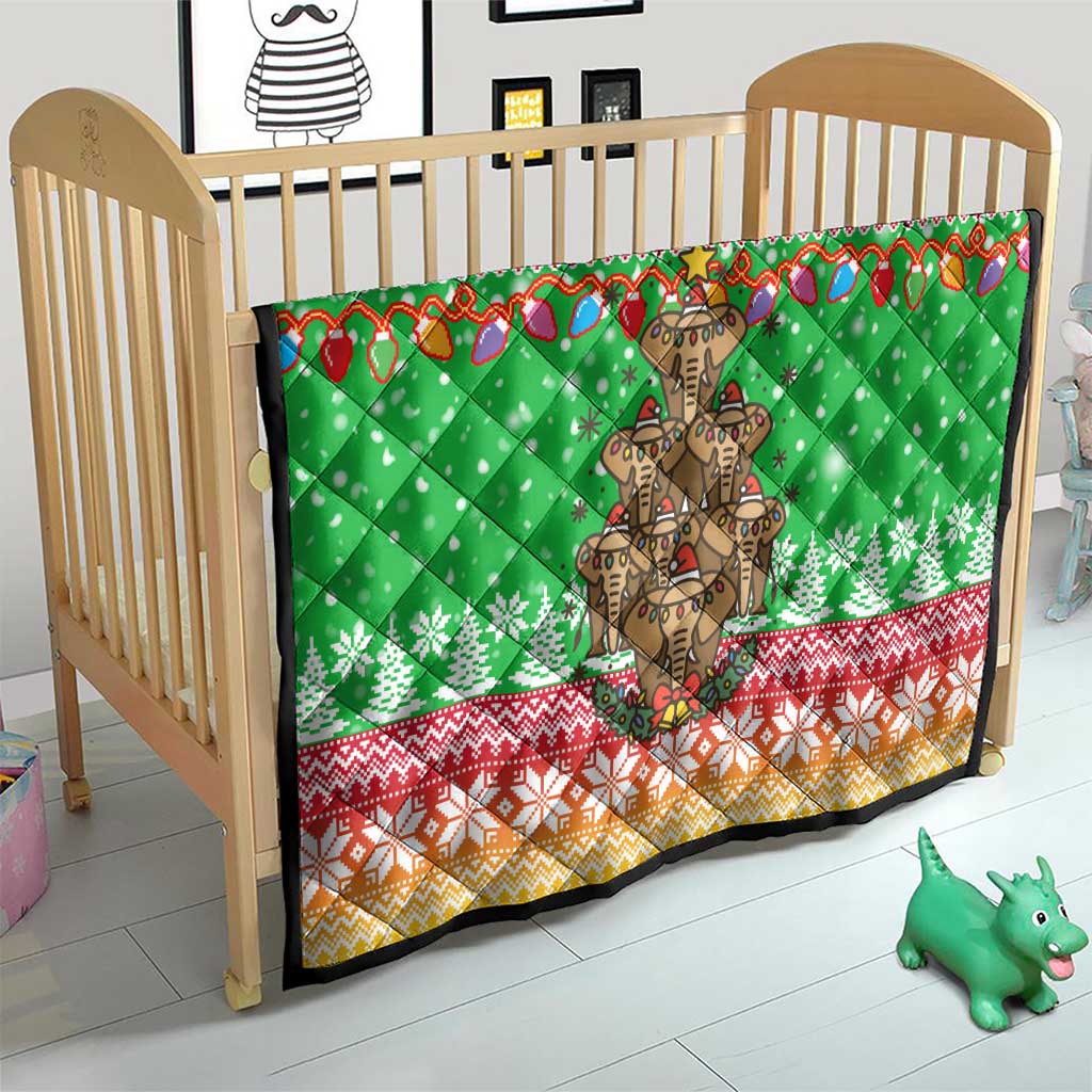 Mali Christmas Quilt with Cartoon Elephant Pyramid Snowflakes and Holiday Lights - Wonder Print Shop