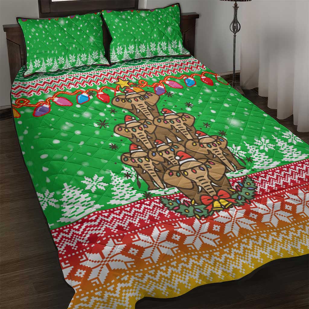 Mali Christmas Quilt Bed Set with Cartoon Elephant Pyramid Snowflakes and Holiday Lights - Wonder Print Shop
