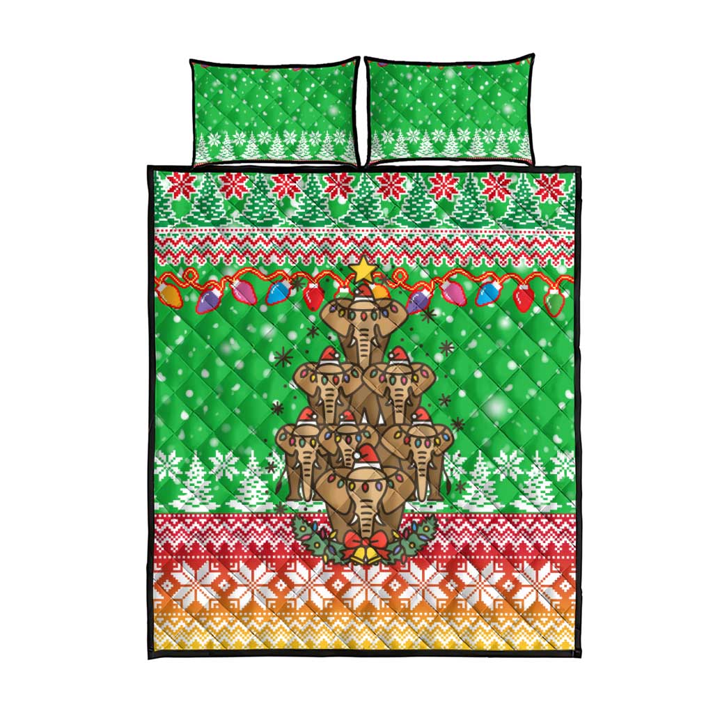 Mali Christmas Quilt Bed Set with Cartoon Elephant Pyramid Snowflakes and Holiday Lights - Wonder Print Shop