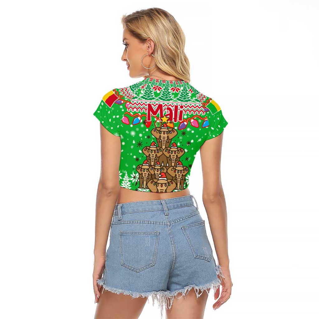 Mali Christmas Raglan Cropped T Shirt with Cartoon Elephant Pyramid Snowflakes and Holiday Lights - Wonder Print Shop
