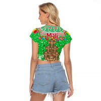 Mali Christmas Raglan Cropped T Shirt with Cartoon Elephant Pyramid Snowflakes and Holiday Lights - Wonder Print Shop