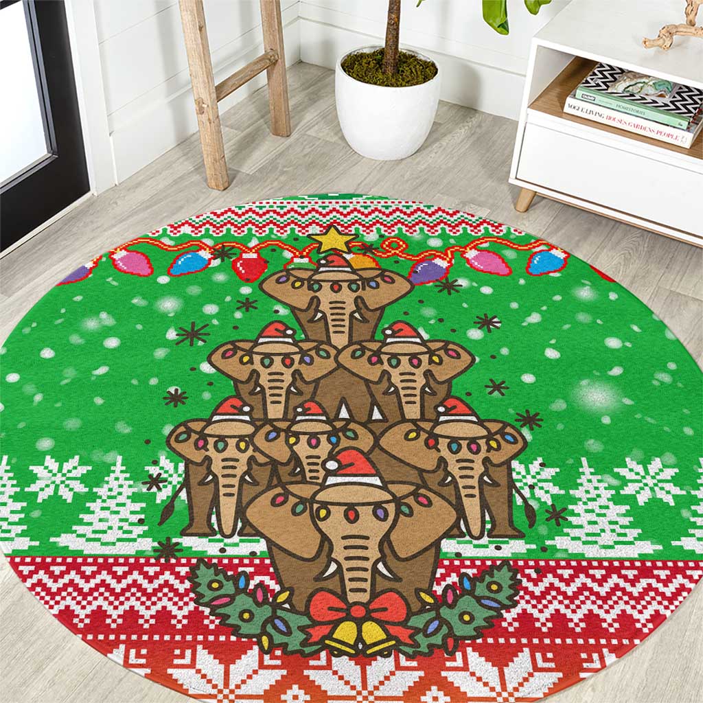 Mali Christmas Round Carpet with Cartoon Elephant Pyramid Snowflakes and Holiday Lights - Wonder Print Shop