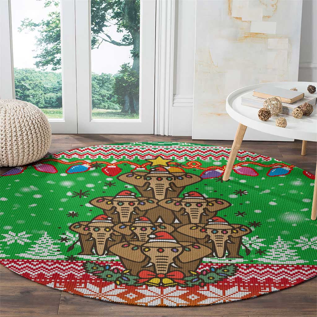 Mali Christmas Round Carpet with Cartoon Elephant Pyramid Snowflakes and Holiday Lights - Wonder Print Shop
