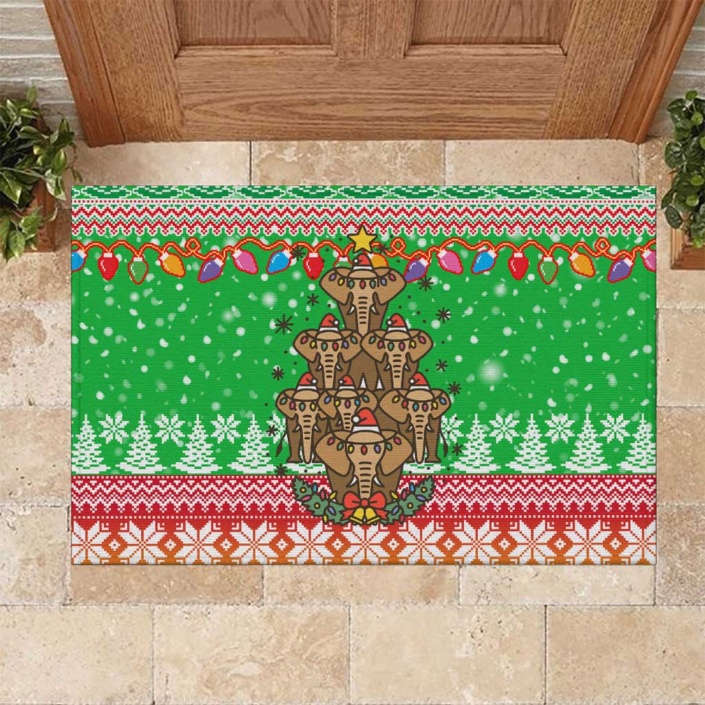 Mali Christmas Rubber Doormat with Cartoon Elephant Pyramid Snowflakes and Holiday Lights - Wonder Print Shop