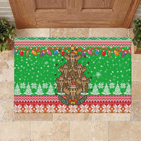 Mali Christmas Rubber Doormat with Cartoon Elephant Pyramid Snowflakes and Holiday Lights - Wonder Print Shop